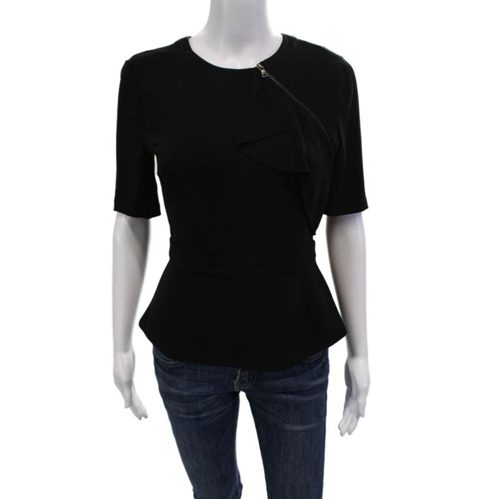 BCBG Max Azria Womens Textured Short Sleeve Open Back Peplum Top Black Size 2XS